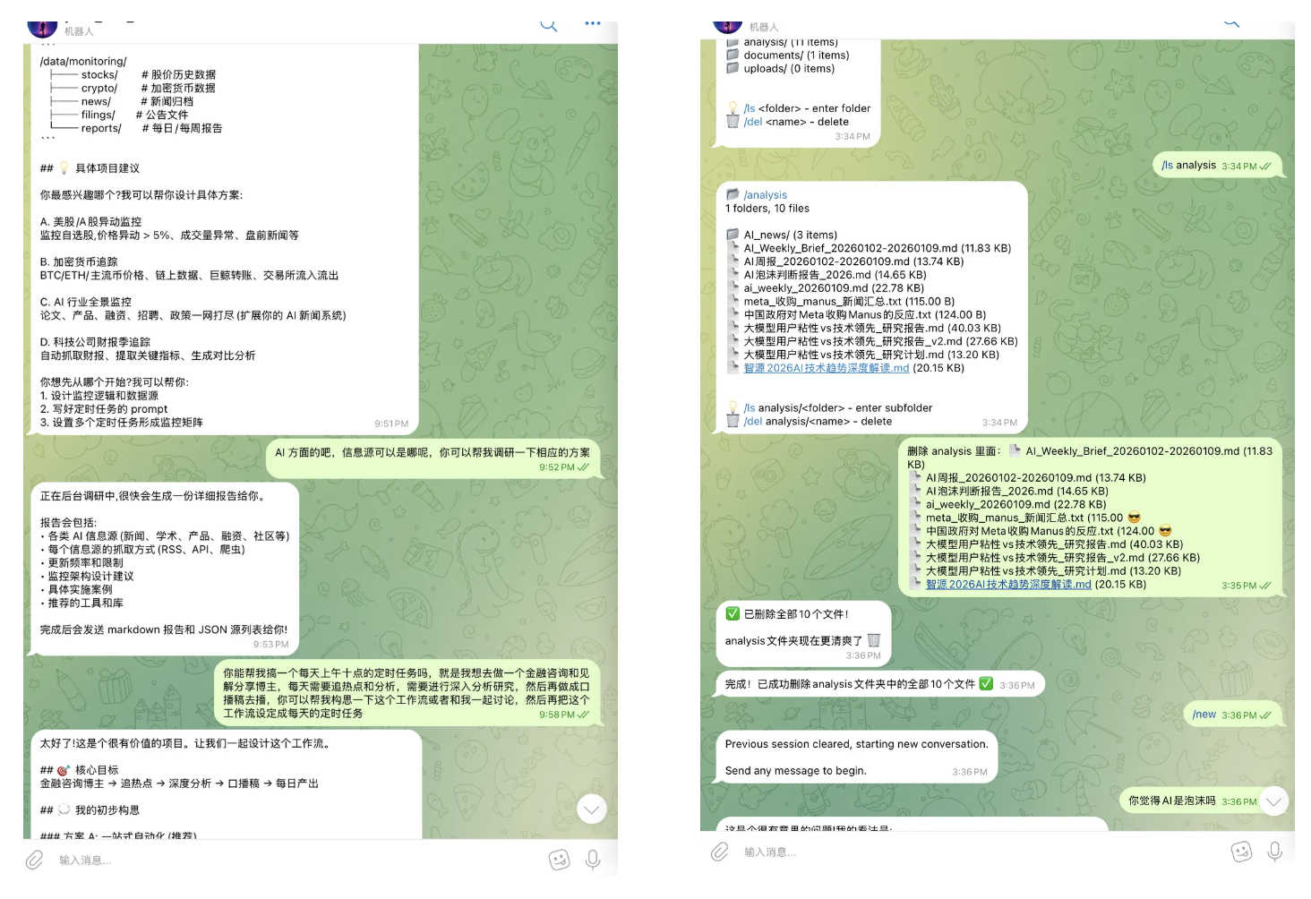 两张 Telegram 聊天截图:左边是 bot 按提示给出监控目录方案和报告清单,右边是它列出 analysis 文件夹里的十个文件并执行删除,回复「已删除全部 10 个文件」
