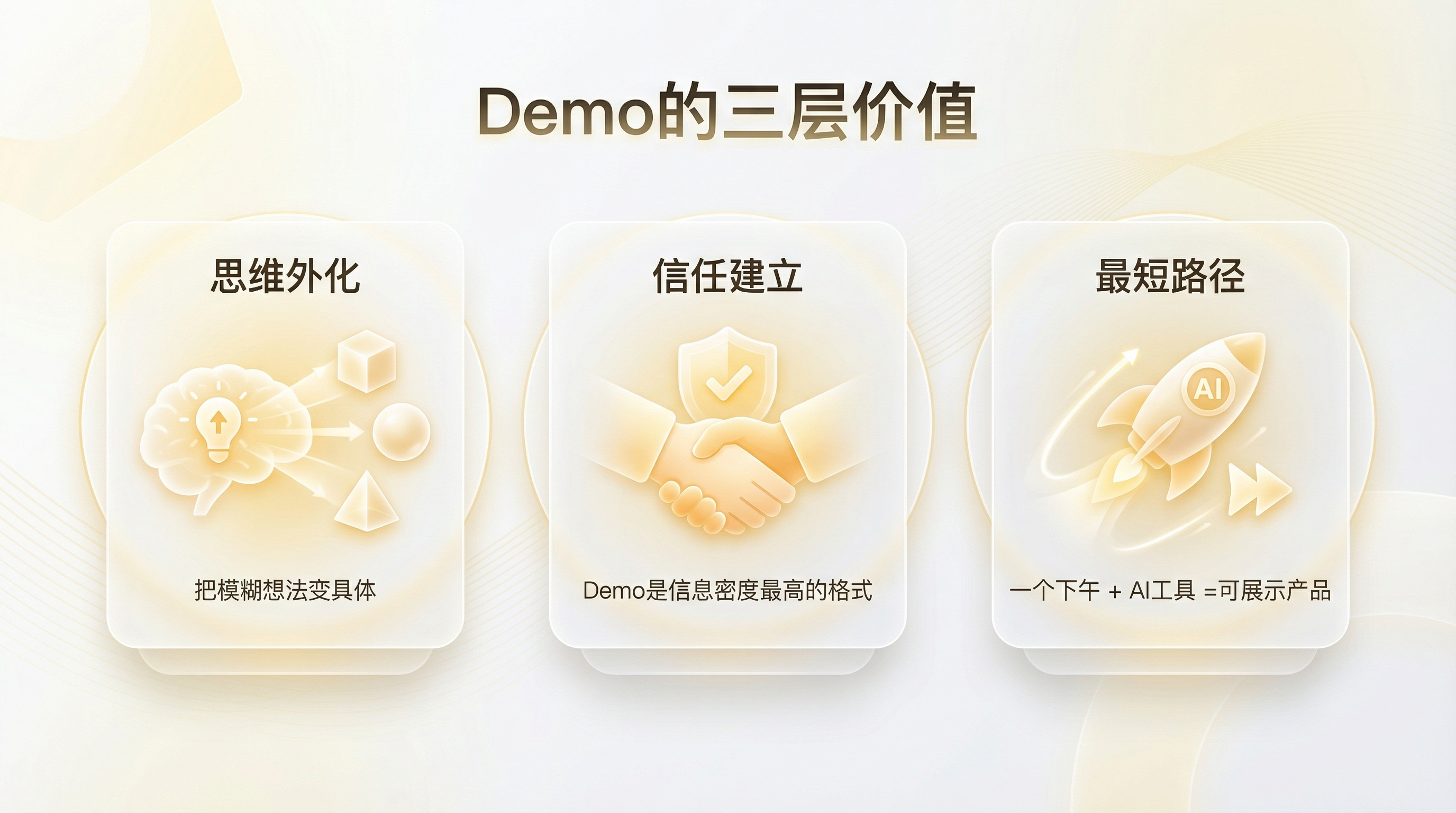 「Demo 的三层价值」卡片:思维外化(把模糊想法变具体)、信任建立(Demo 是信息密度最高的格式)、最短路径(一个下午 + AI 工具 = 可展示产品)