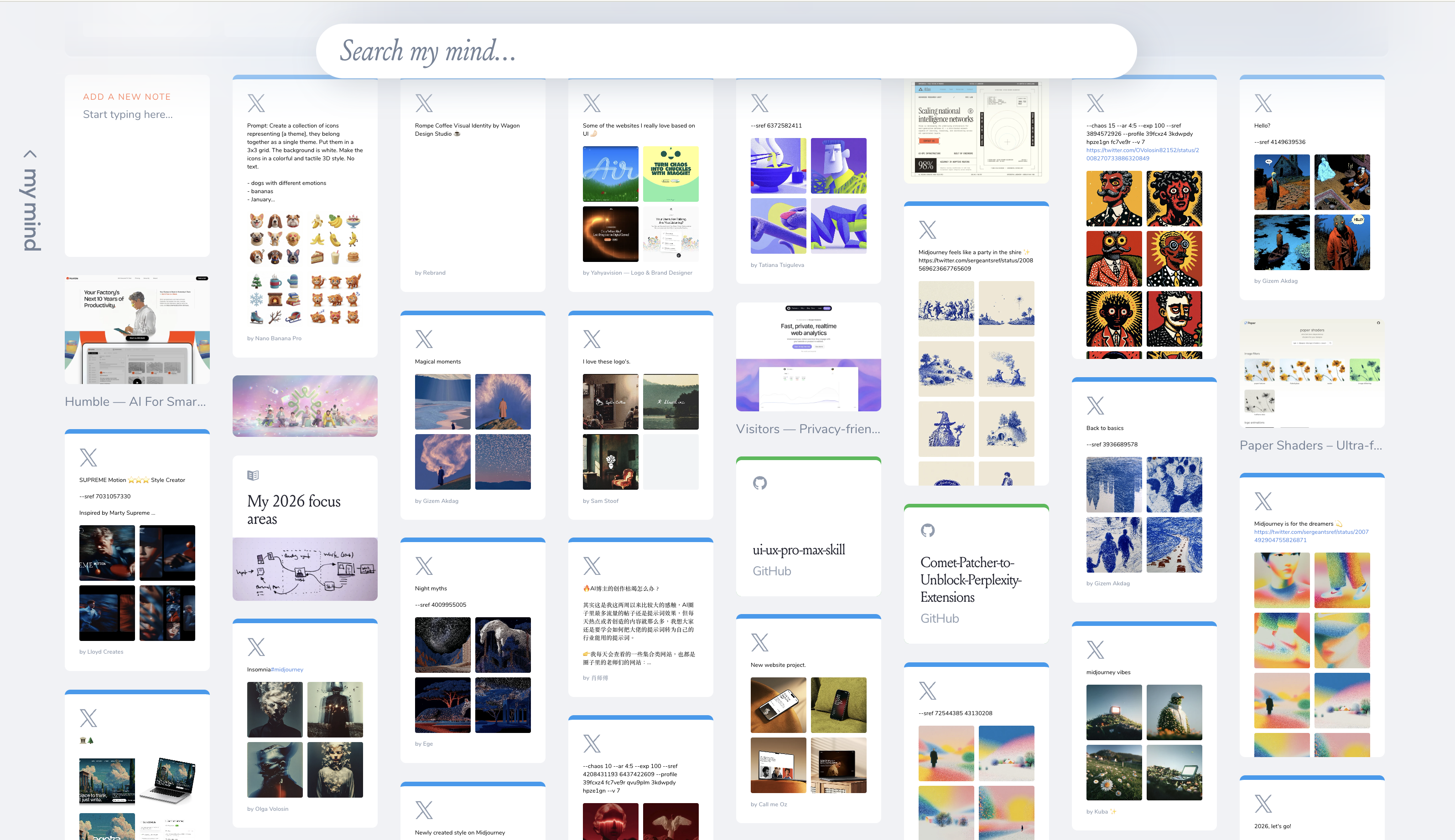 mymind 的收藏墙截图:瀑布流里混着推文截图、配色图、GitHub 项目和灵感图片,顶部是「Search my mind」搜索框