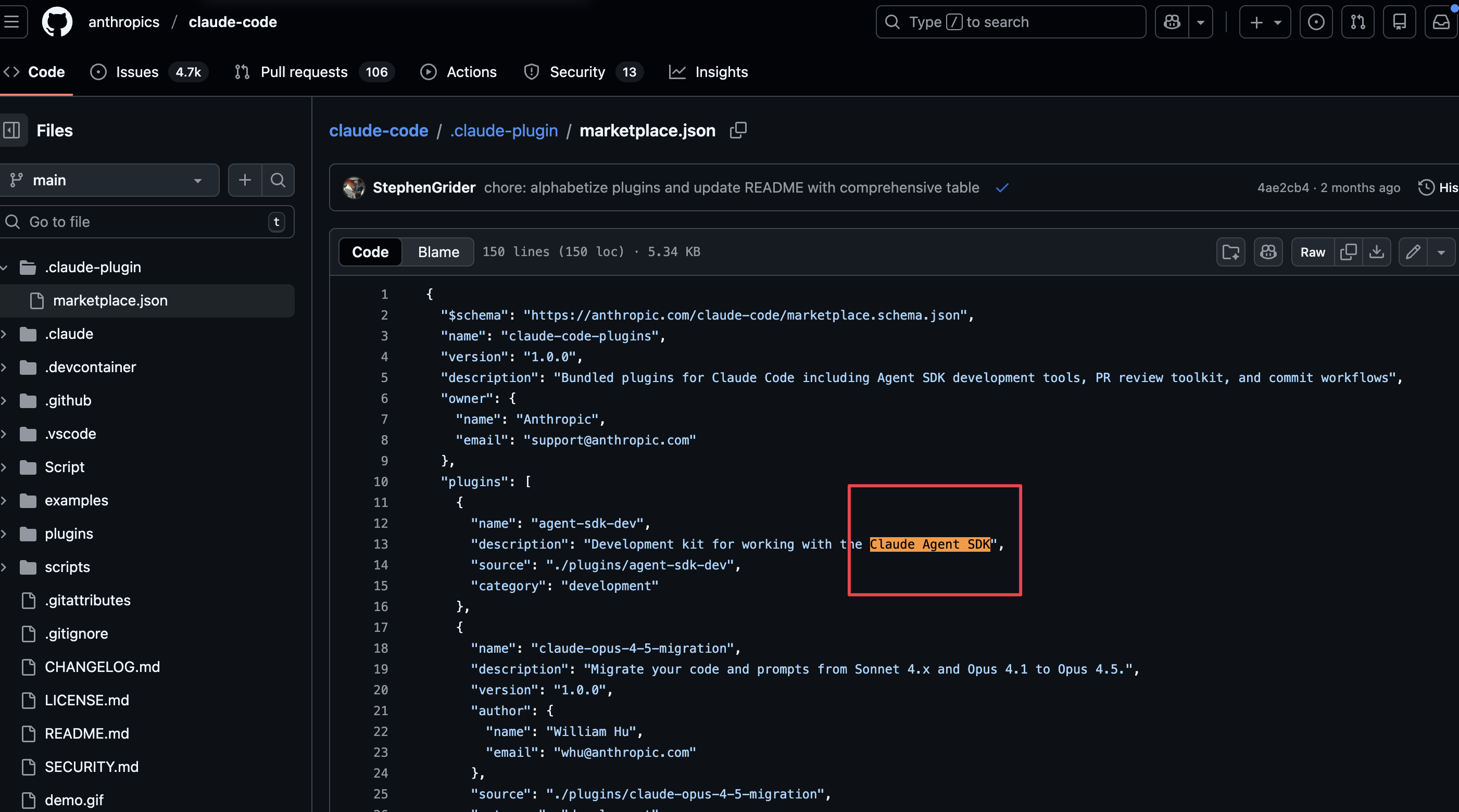 GitHub 上 anthropics/claude-code 仓库的 .claude-plugin/marketplace.json,红框标出 agent-sdk-dev 插件的描述里写着 Claude Agent SDK