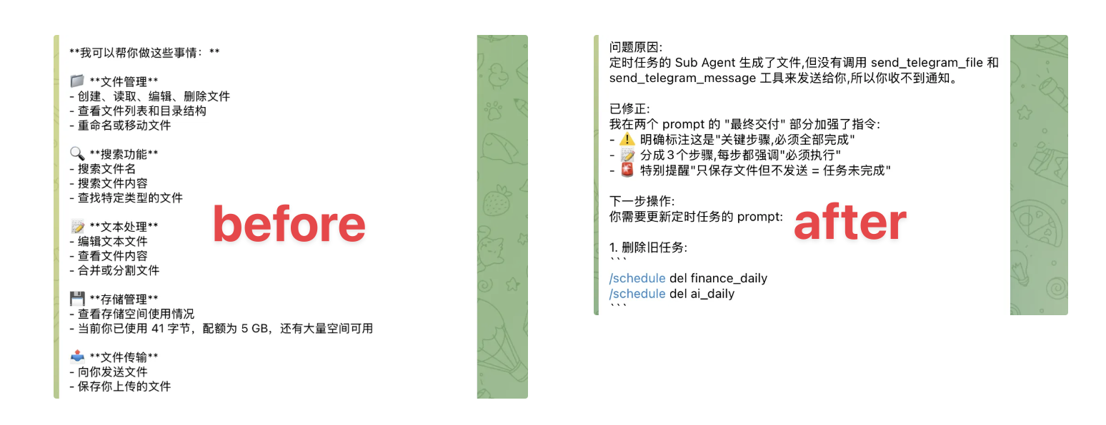 同一个 bot 回复的前后对照:before 是一长串带符号的功能清单,after 是定位到定时任务的 Sub Agent 只生成文件、没调用发送工具,并写明 prompt 里补上的三条指令