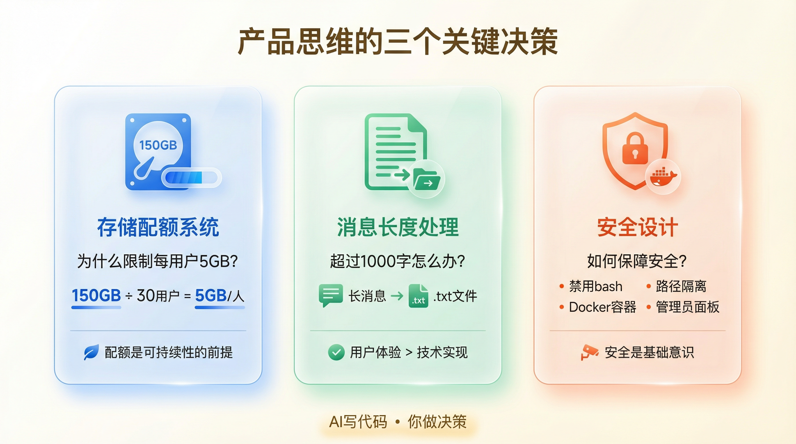 「产品思维的三个关键决策」卡片:存储配额系统(150GB ÷ 30 用户 = 5GB/人)、消息长度处理(超过 1000 字转成 txt 文件)、安全设计(禁用 bash、路径隔离、Docker 容器、管理员面板)