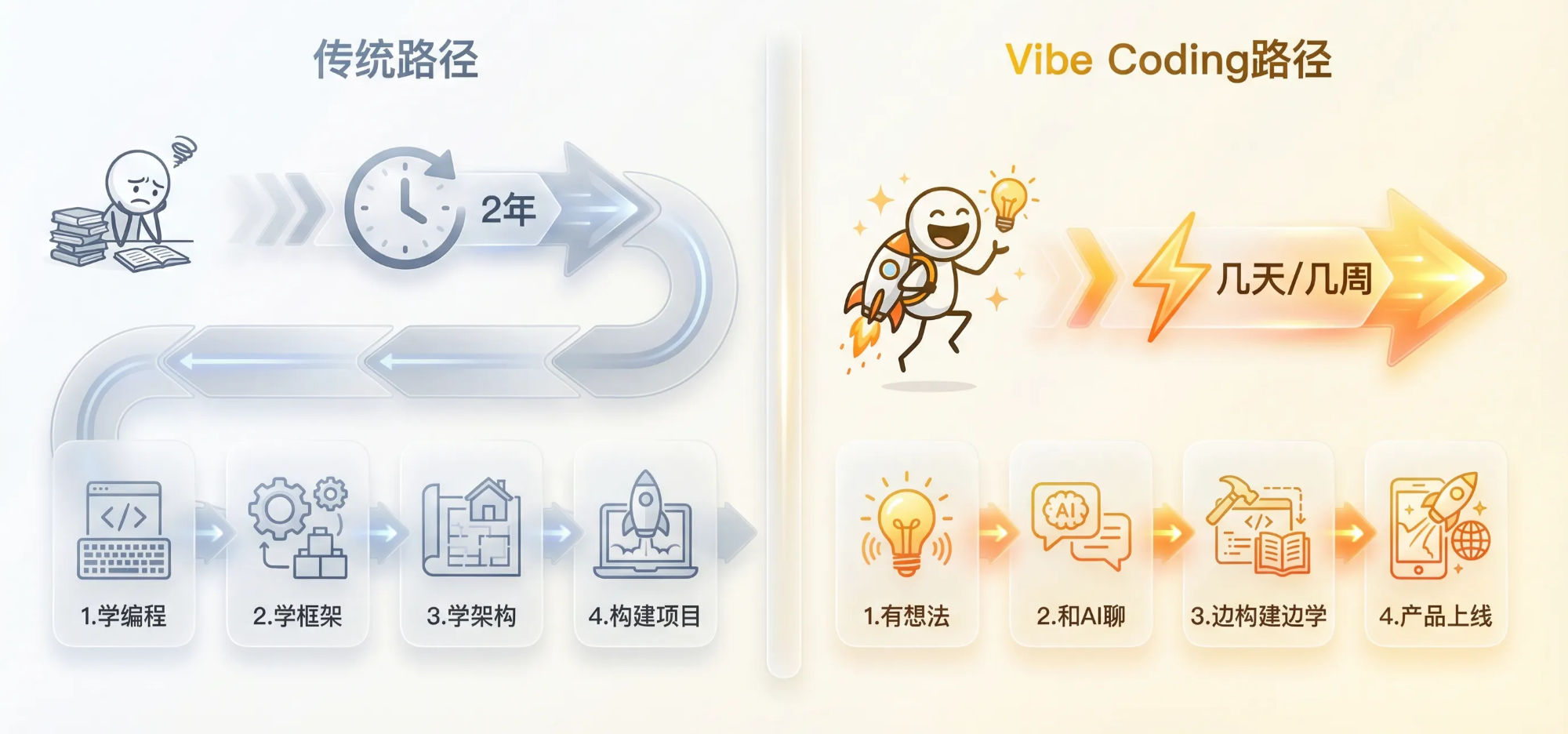 两条路径对比:传统路径是学编程、学框架、学架构、构建项目,要花 2 年;Vibe Coding 路径是有想法、和 AI 聊、边构建边学、产品上线,只要几天到几周