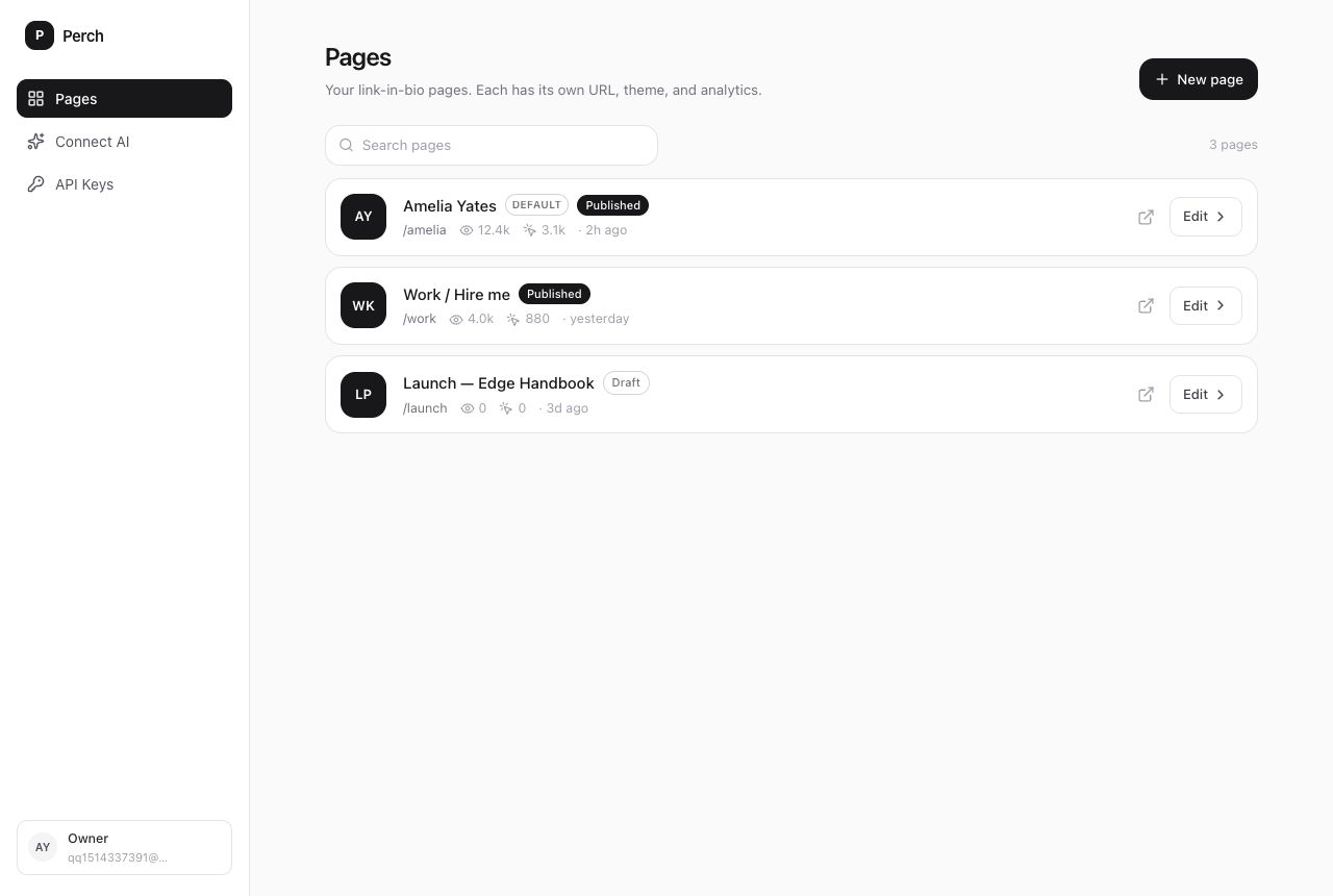 Perch:dashboard 里多个 link-in-bio 页面共存,每页有自己的 URL、主题、analytics