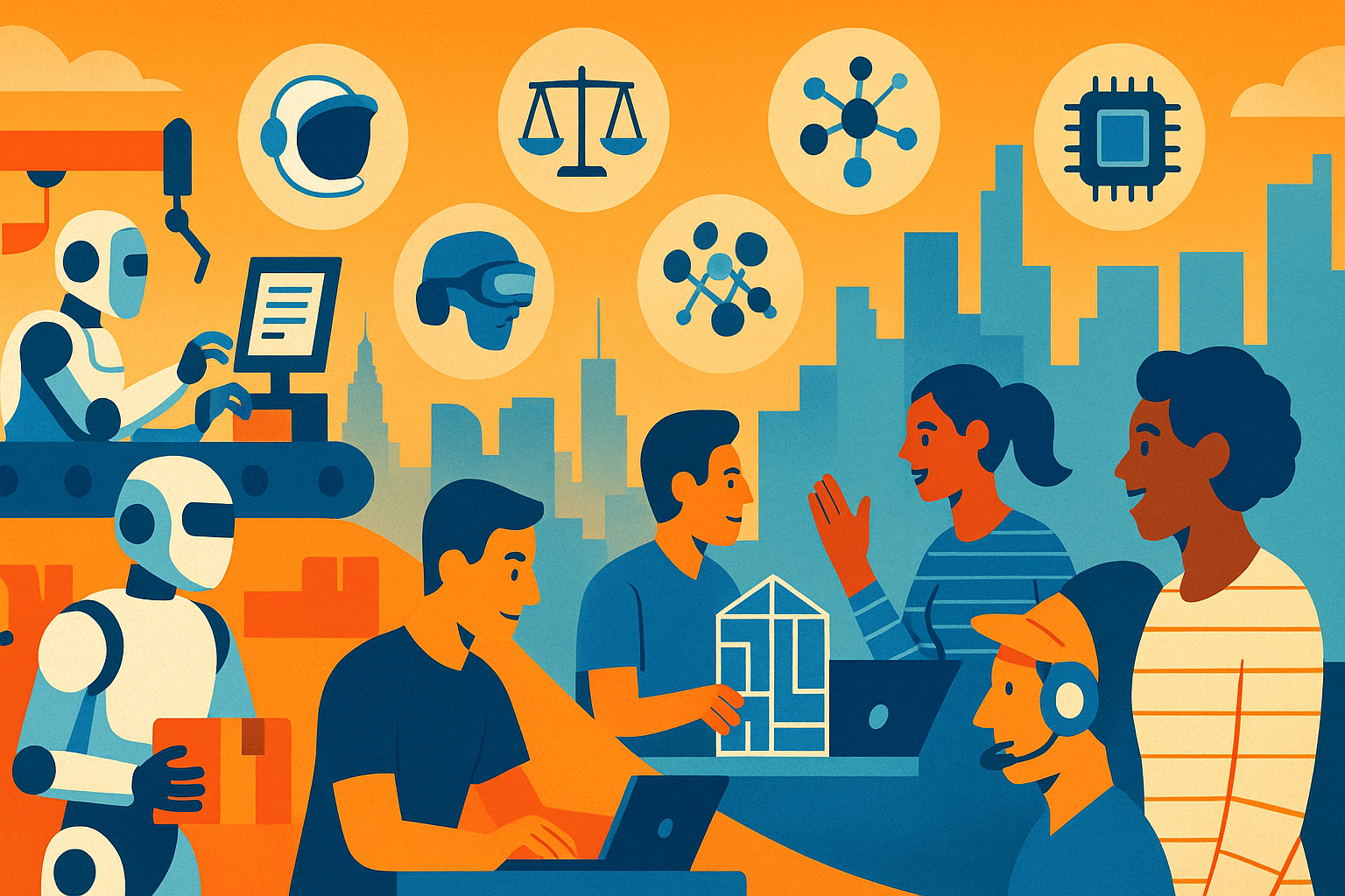插画:左侧机器人在流水线上搬运货箱,右侧人们围着笔记本交谈,上方悬着航天头盔、天平、VR 头显、分子和芯片图标