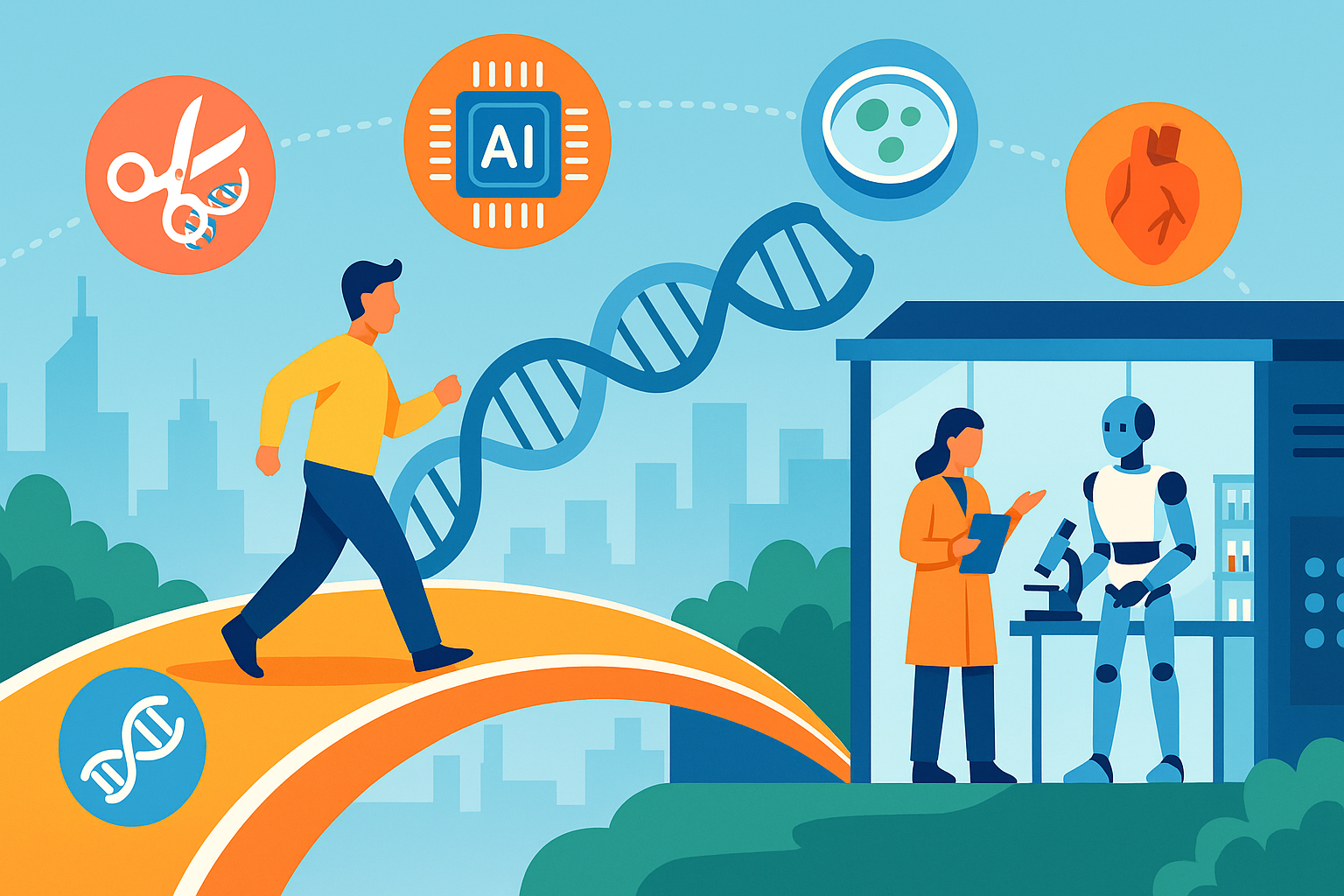 第二座桥的示意插画:人走上橙色的桥,上方依次是基因编辑剪刀、AI 芯片、干细胞、心脏图标,桥那头研究员和机器人在实验台前