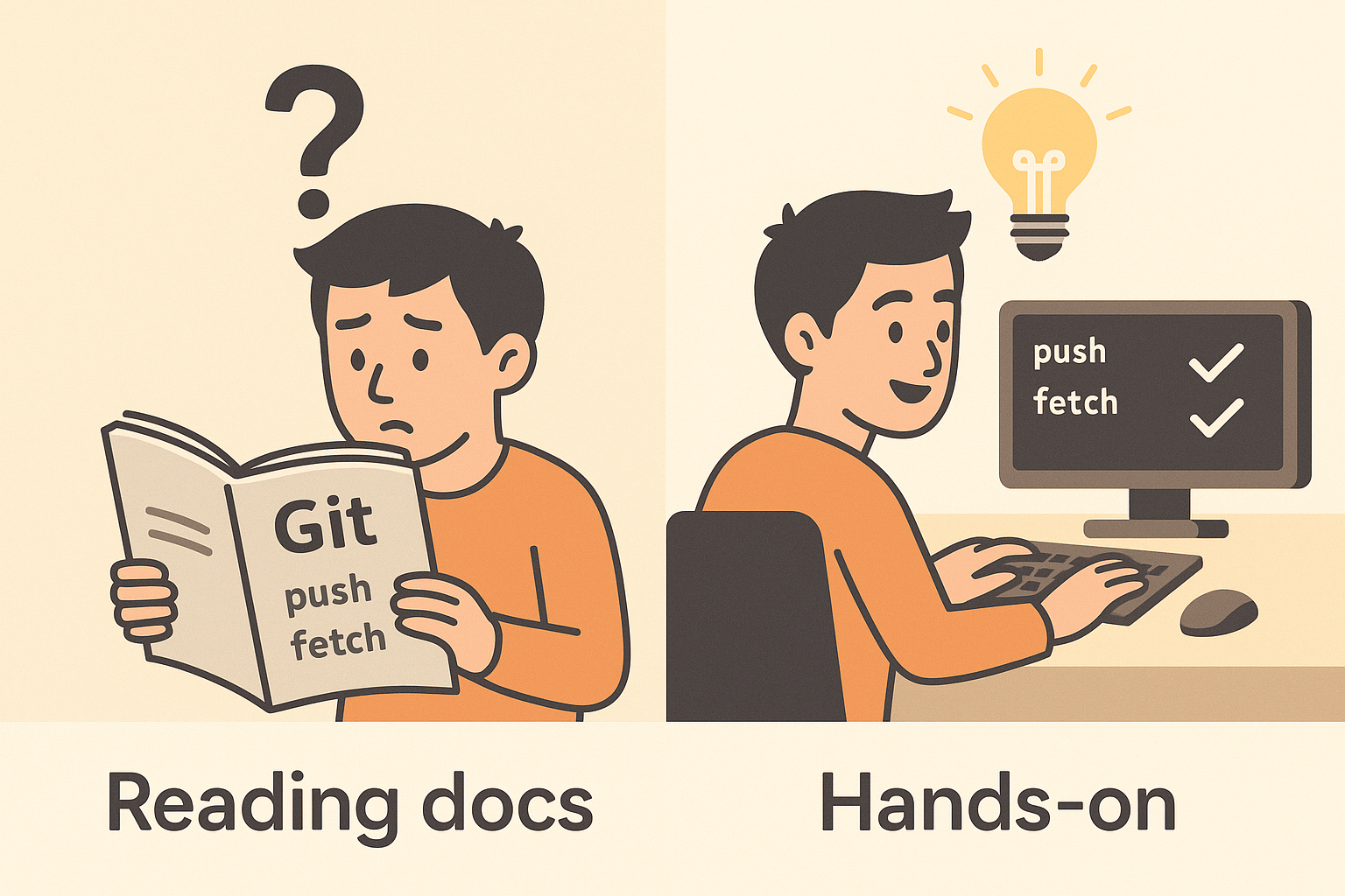 学习 Git 的对照插画:读文档时对 push、fetch 困惑,实际操作后理解了两项命令。