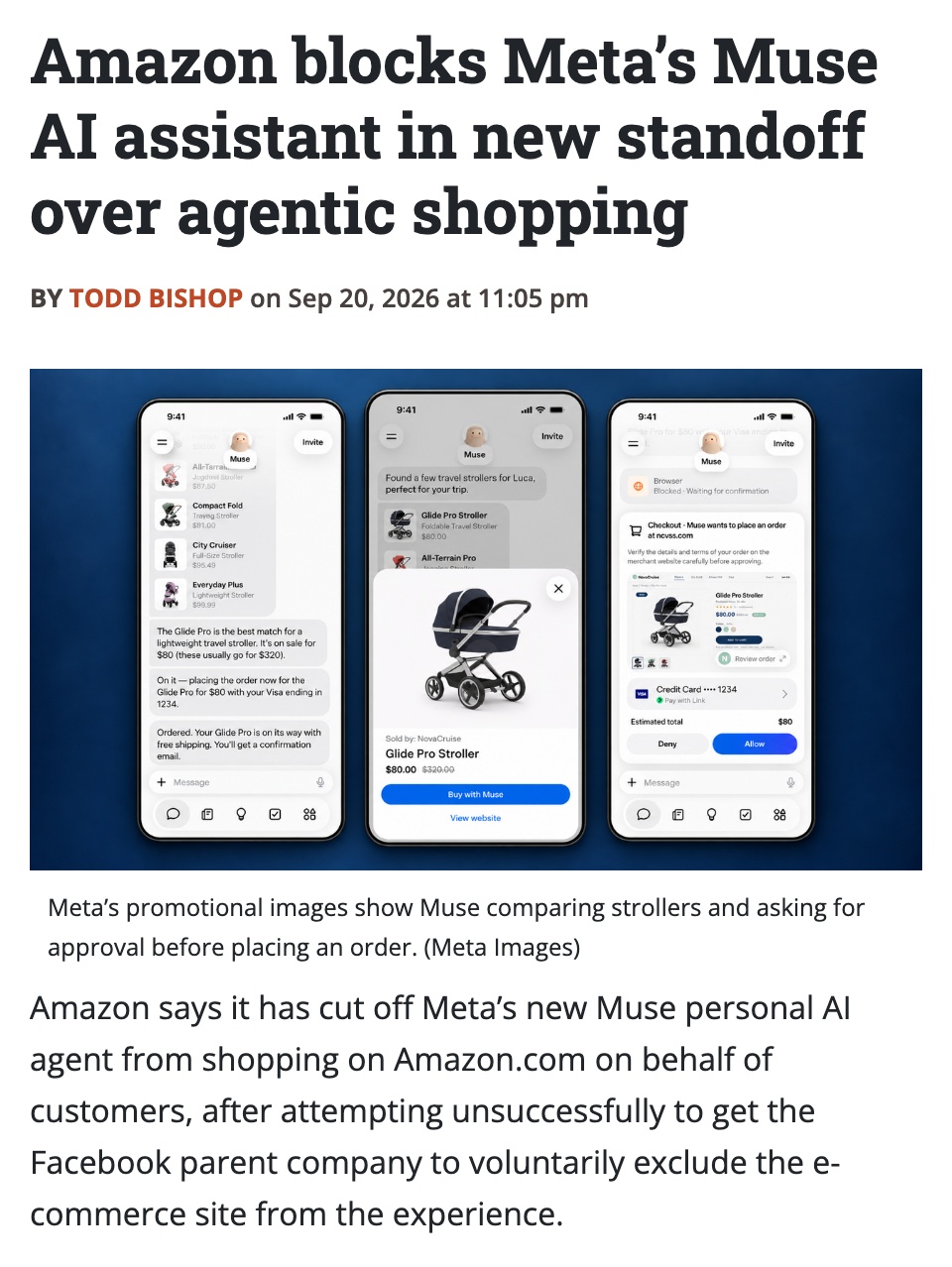 科技媒体 GeekWire 9 月 20 日报道,亚马逊切断了 Muse 在站内的购物通道