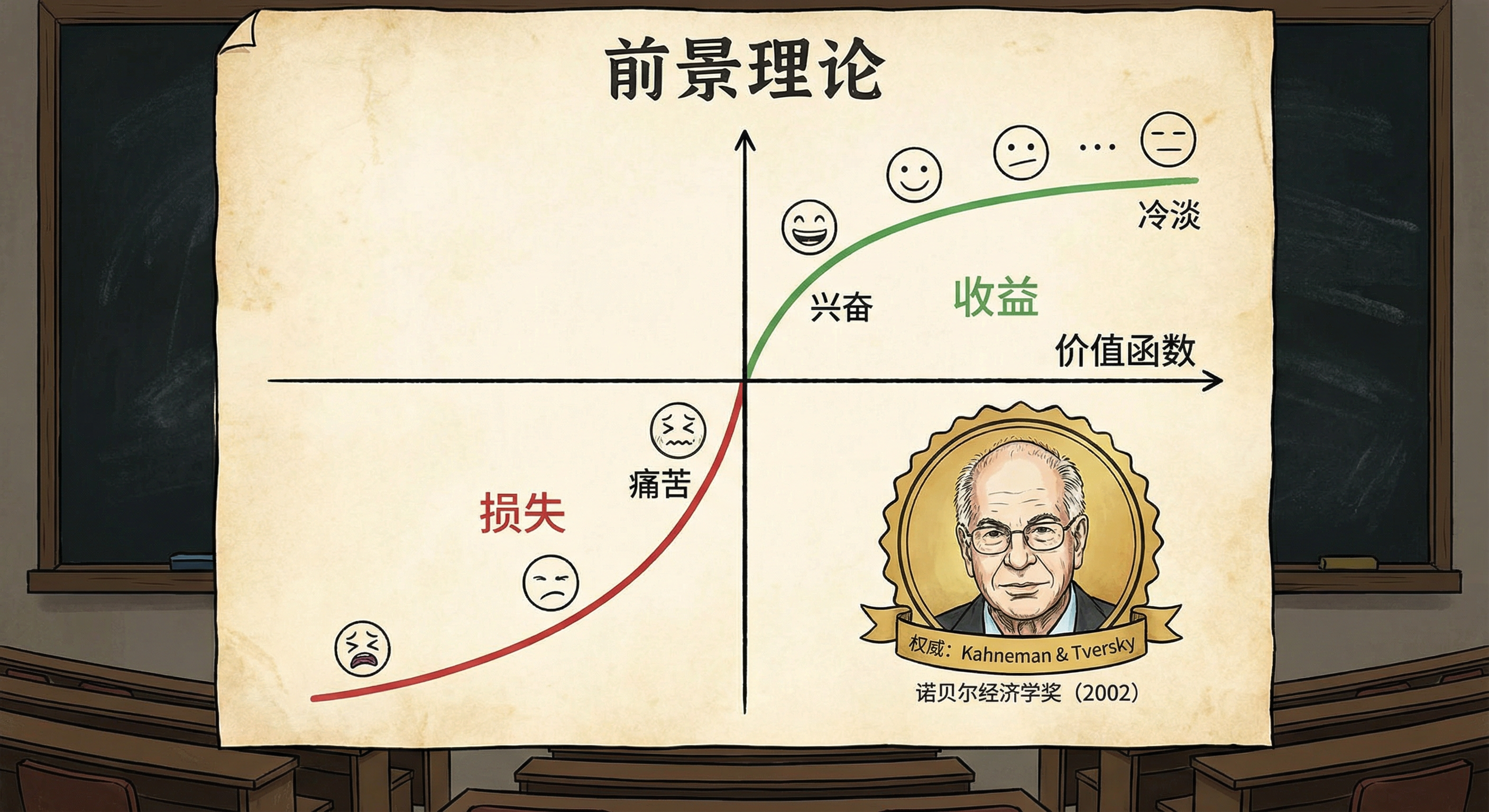 前景理论示意图用绿线表示收益带来的兴奋逐渐减弱,用红线与痛苦表情表示损失引起的负面感受。