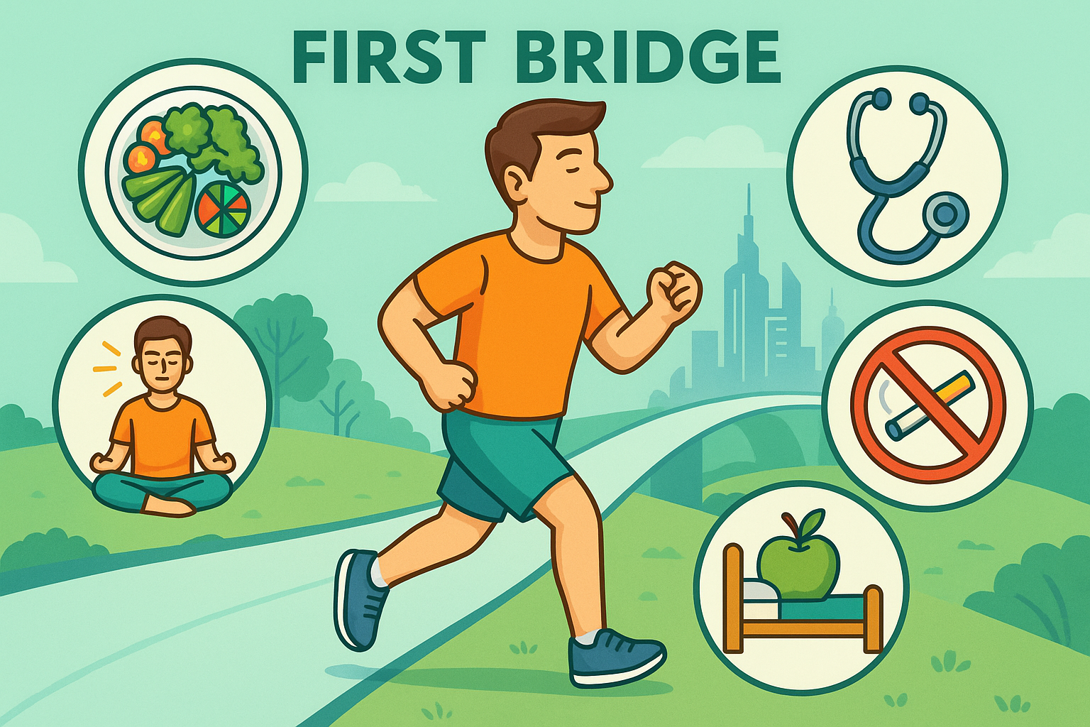 第一座桥的示意插画,标题 FIRST BRIDGE:一个人在绿地上跑步,四周是蔬菜餐盘、听诊器、禁烟、冥想、睡眠五个图标