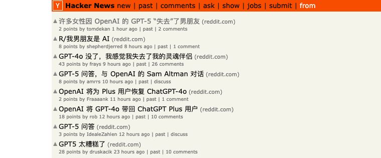 Hacker News 帖子列表集中讨论 GPT-4o 下线后的 AI 伴侣失落感,以及 Plus 用户恢复旧模型的消息。