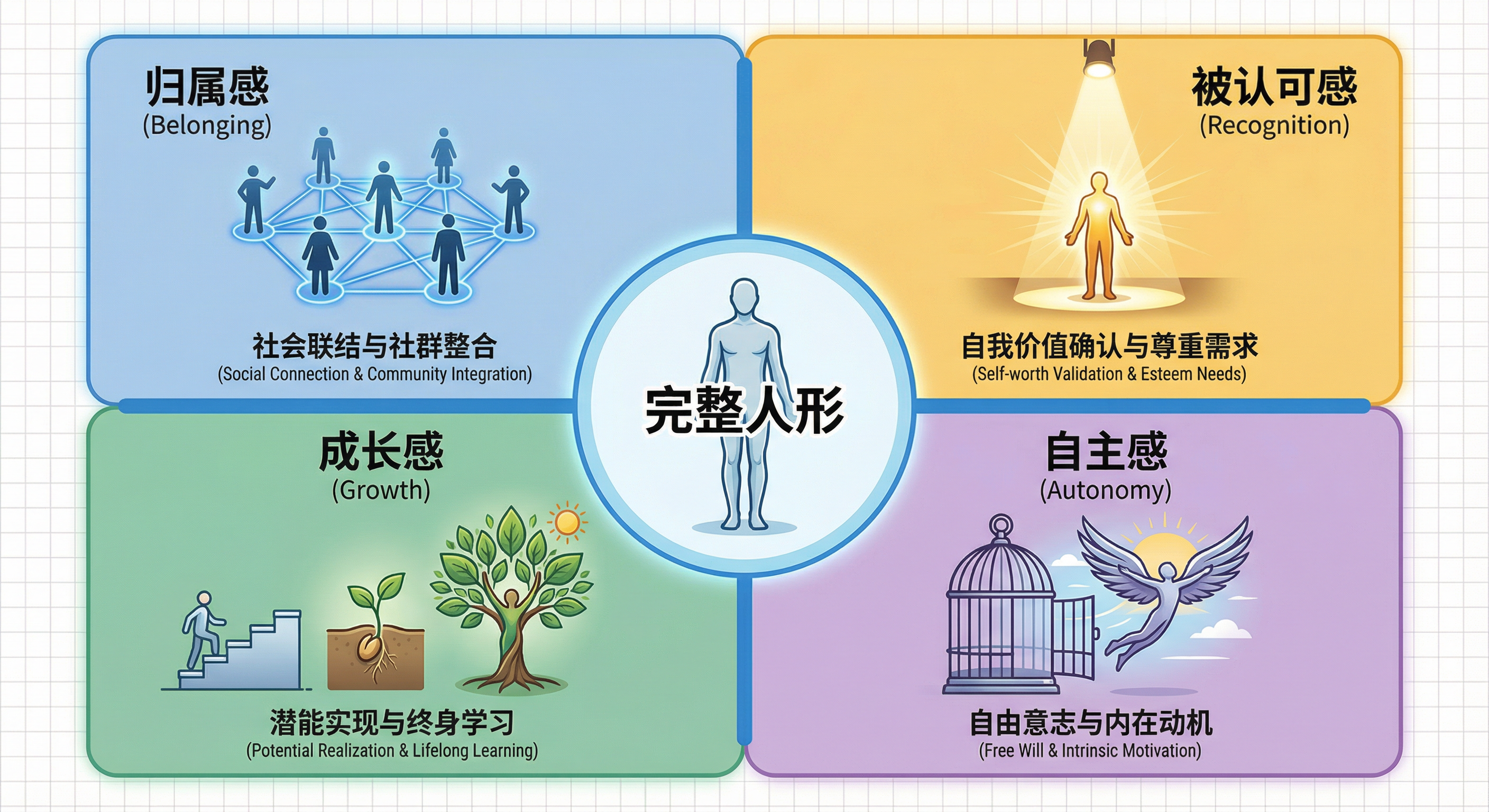 心理需求四象限围绕个体展开:归属感连接社群,被认可感确认价值,成长感发展潜能,自主感保留自由与内在动机。