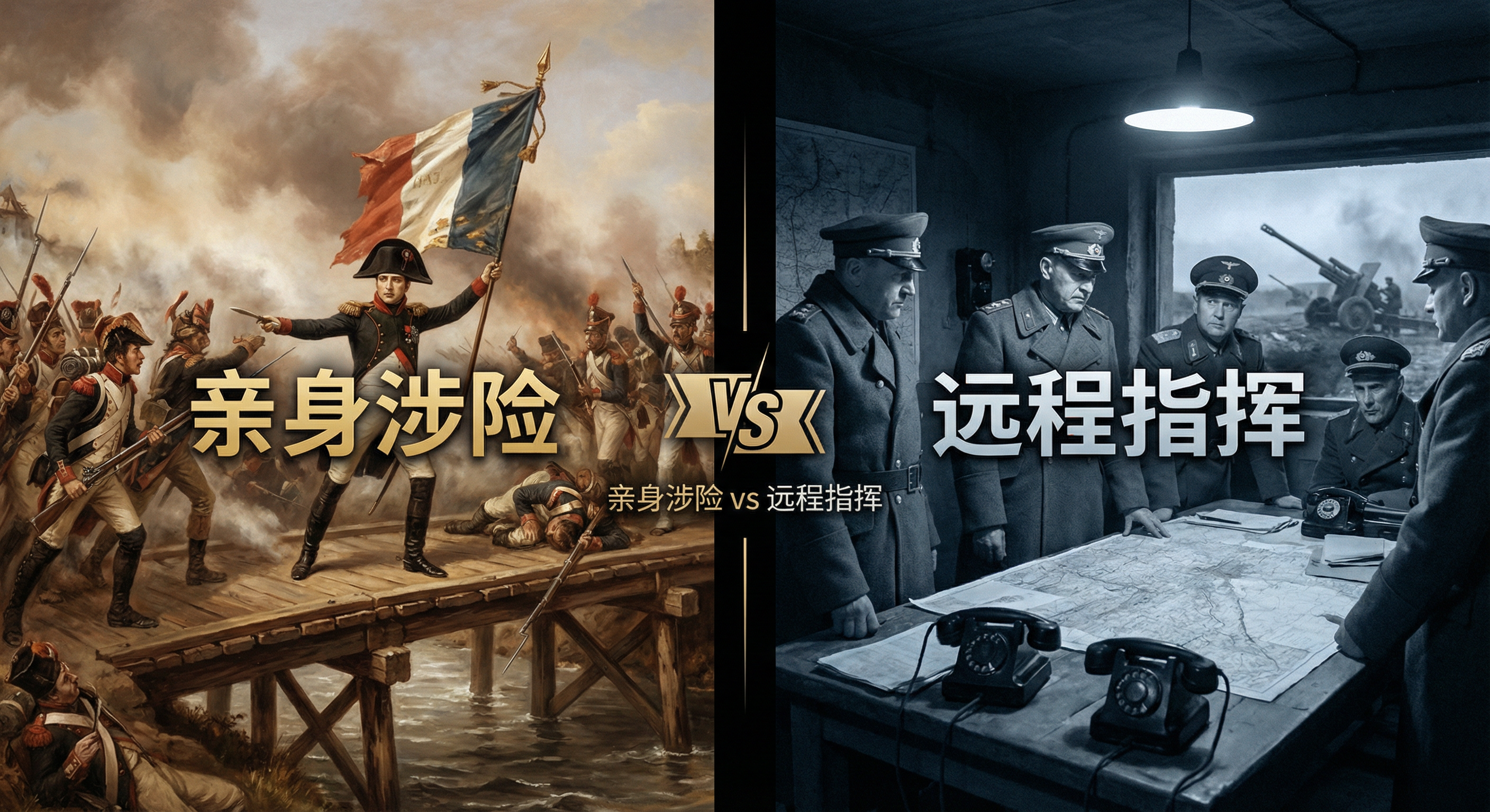 领导风格对照插画:左侧拿破仑持旗与士兵一同冲锋,标注亲身涉险;右侧军官围坐地图旁,标注远程指挥。