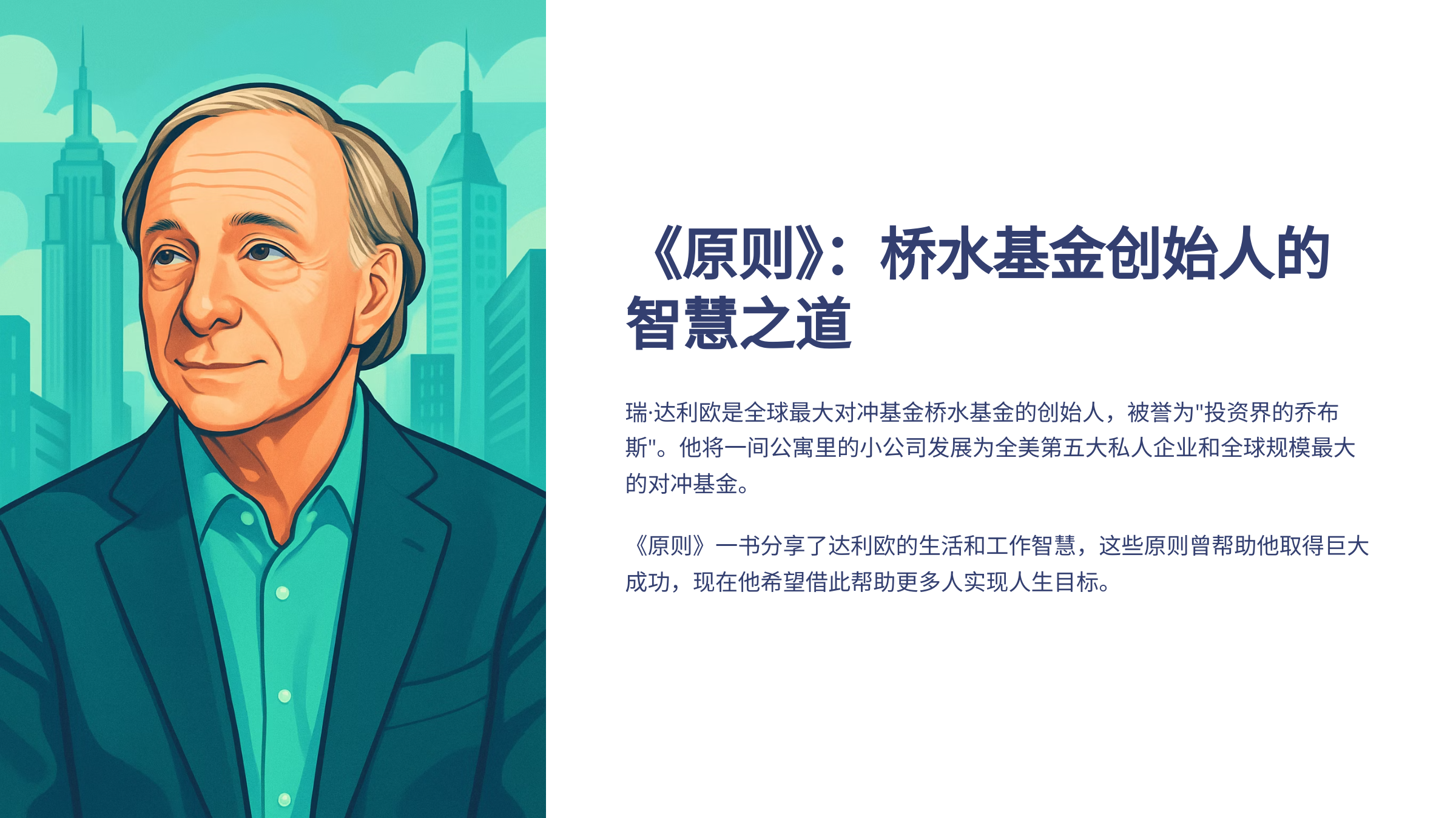 《原则》介绍页,左侧为瑞·达利欧插画,右侧介绍桥水基金创始人的经历及书中的生活与工作智慧。