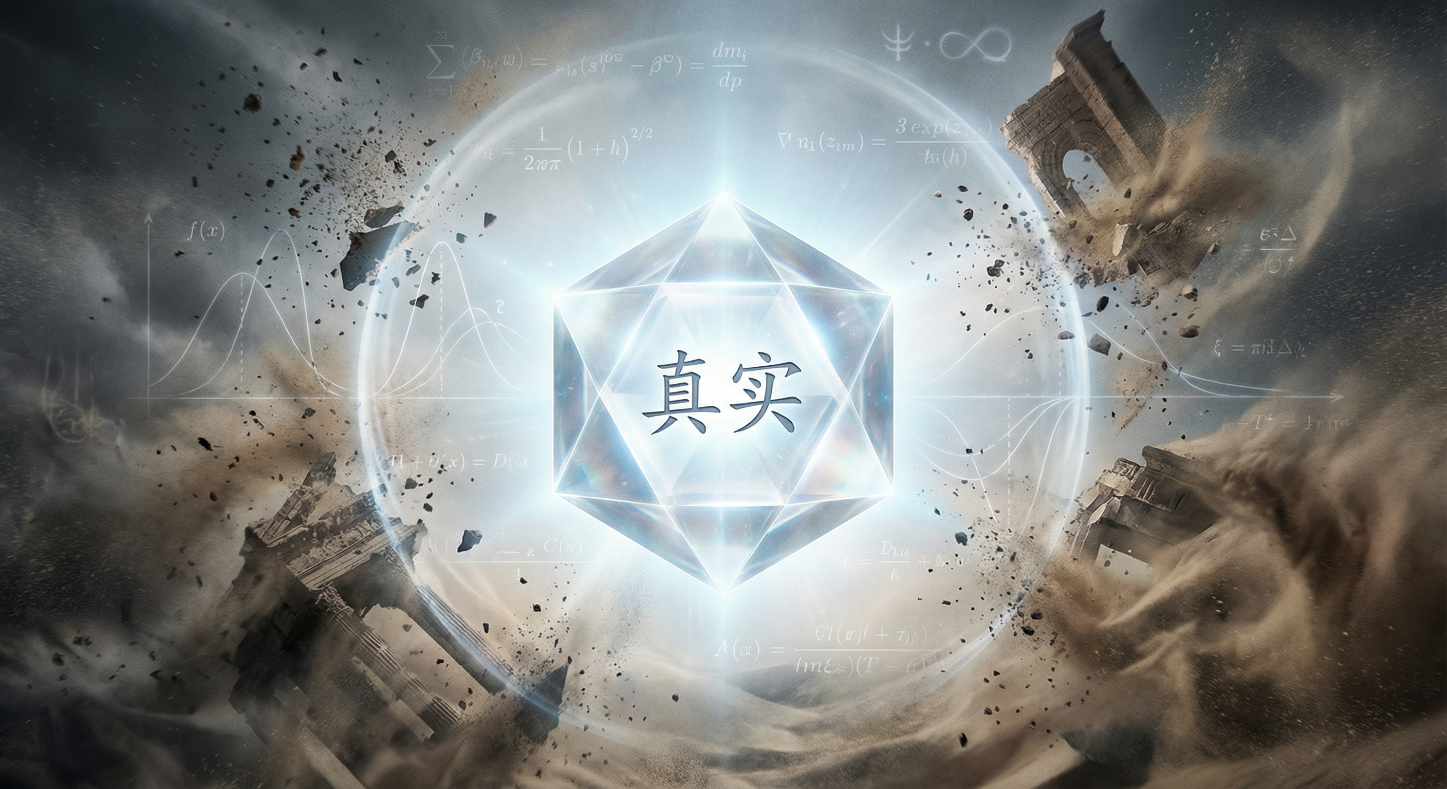 写有“真实”的发光晶体保持完整,周围建筑随时间崩解,象征文章提出的真实性抵抗关系衰败。