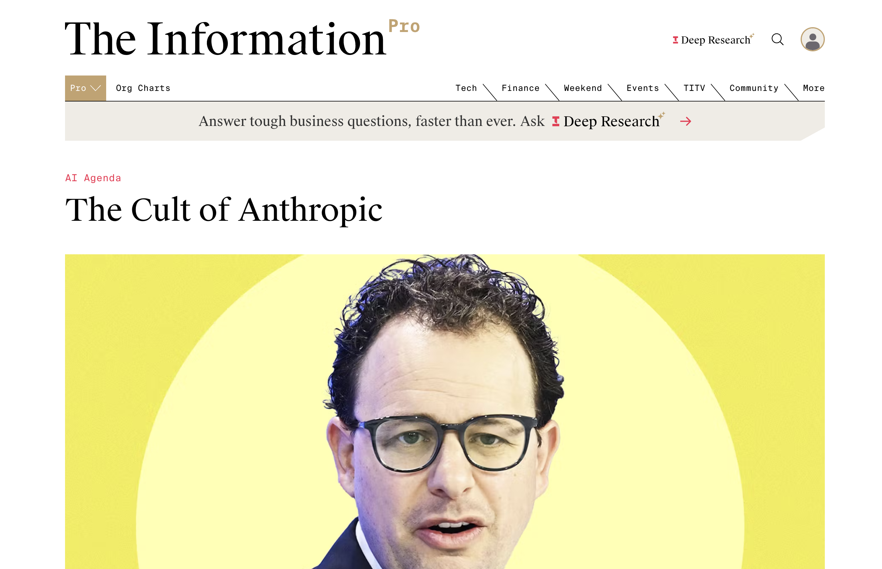 The Information 的《The Cult of Anthropic》报道页,用以引出其使命与文化绑定。