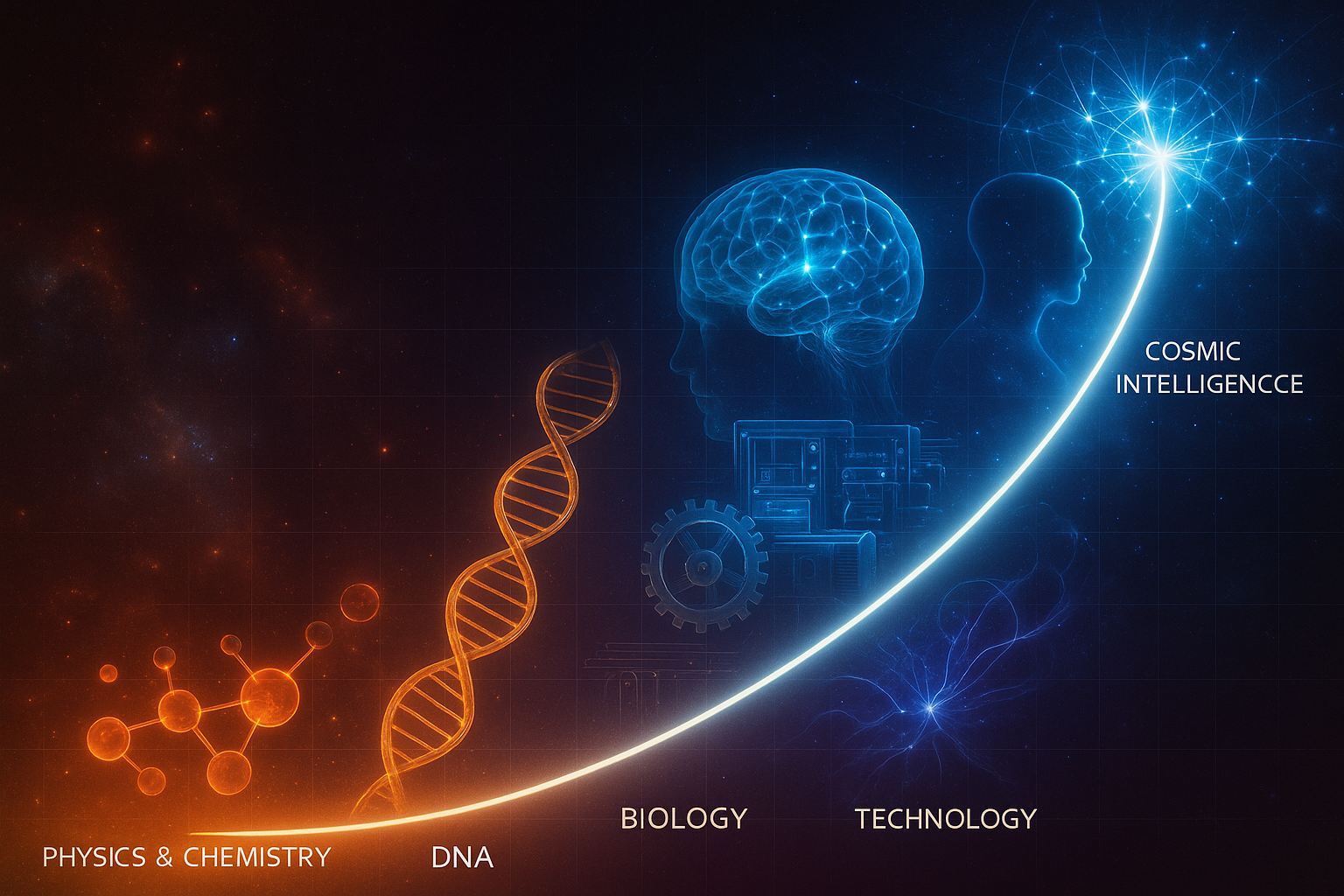 一条向上扬起的光弧,沿途依次标注 Physics & Chemistry、DNA、Biology、Technology,终点是 Cosmic Intelligence
