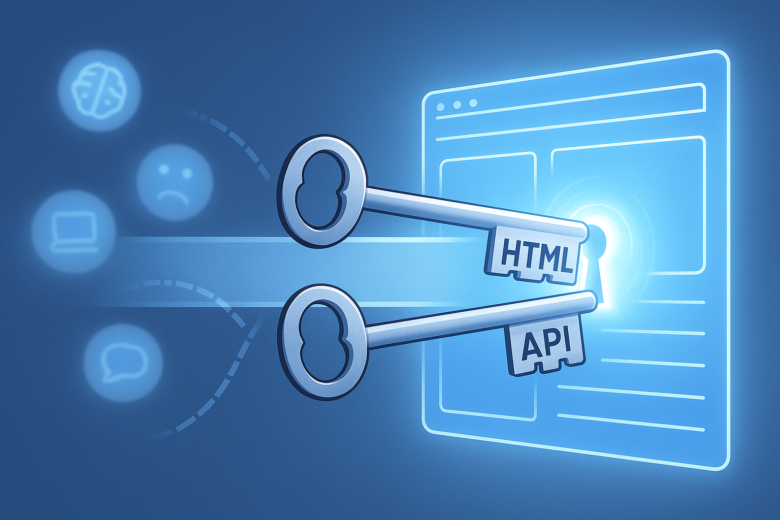 HTML 与 API 被画成开启网页的两把钥匙,象征构建 AI 网页应用需要理解的基础概念。
