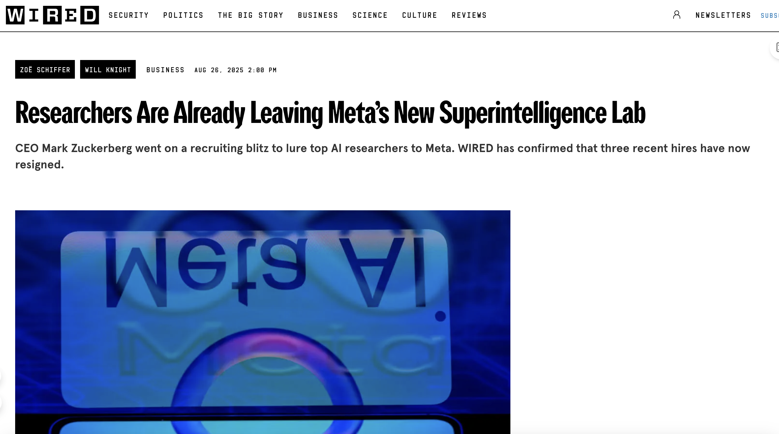 WIRED 关于 Meta 超级智能实验室人员流失的报道页,副标题确认 3 名新员工辞职。