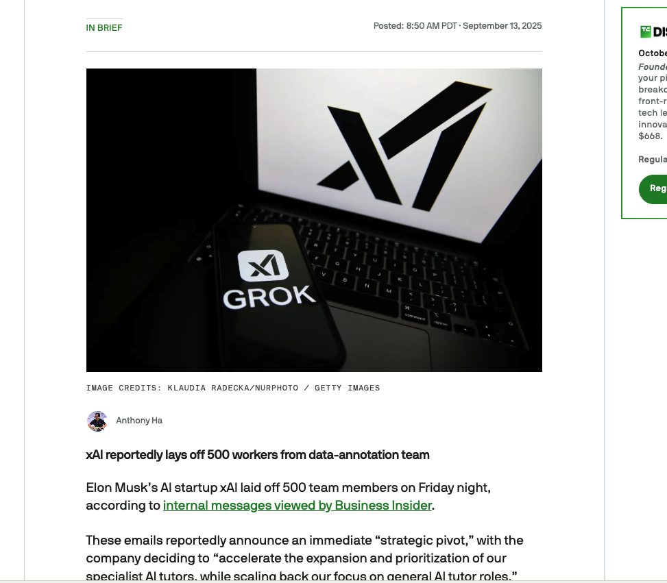 TechCrunch 报道称 xAI 裁撤 500 名数据标注人员,转向扩充专家型 AI 导师并缩减通用导师团队。