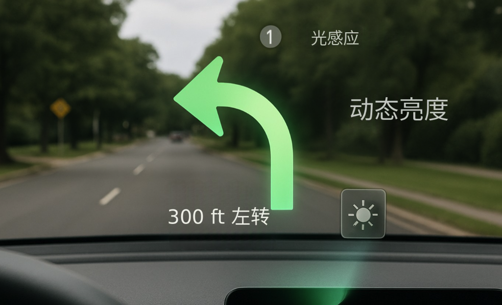 亮度自适应 HUD 原型:挡风玻璃上的绿色箭头提示前方左转,并标注光感应与动态亮度功能。
