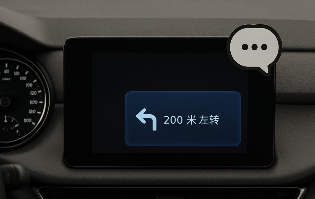 汽车中控屏原型以蓝色弹窗和左转箭头提示“200 米左转”,旁边用对话气泡表示同步语音提醒。