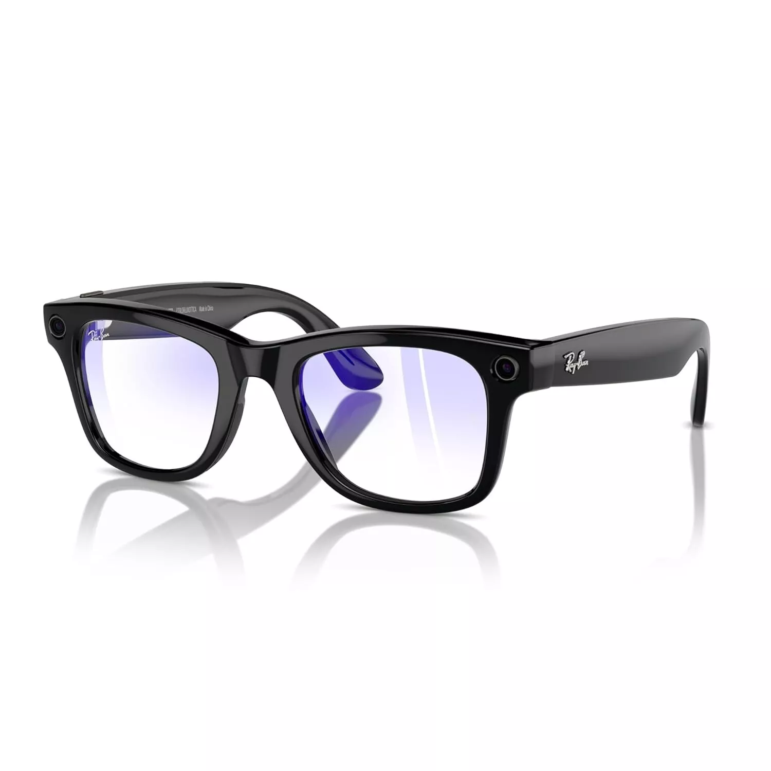 Ray-Ban 智能眼镜产品图,黑色镜框两侧可见圆形元件,镜腿带有 Ray-Ban 标志。