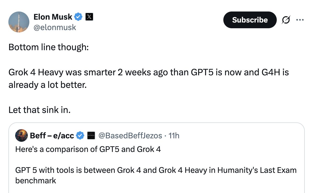 Elon Musk 发帖称 Grok 4 Heavy 两周前已强于 GPT-5,并转引三者在 HLE 测试中的比较。