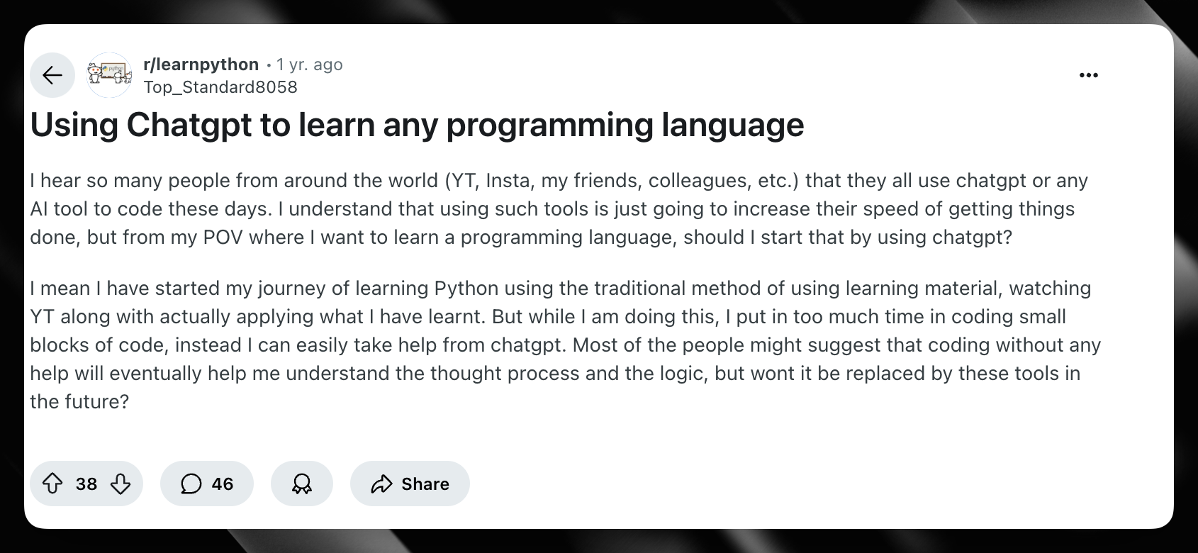 Reddit 的 Python 学习社区帖子询问:初学编程是否应使用 ChatGPT,以及独立写代码对理解逻辑的价值。