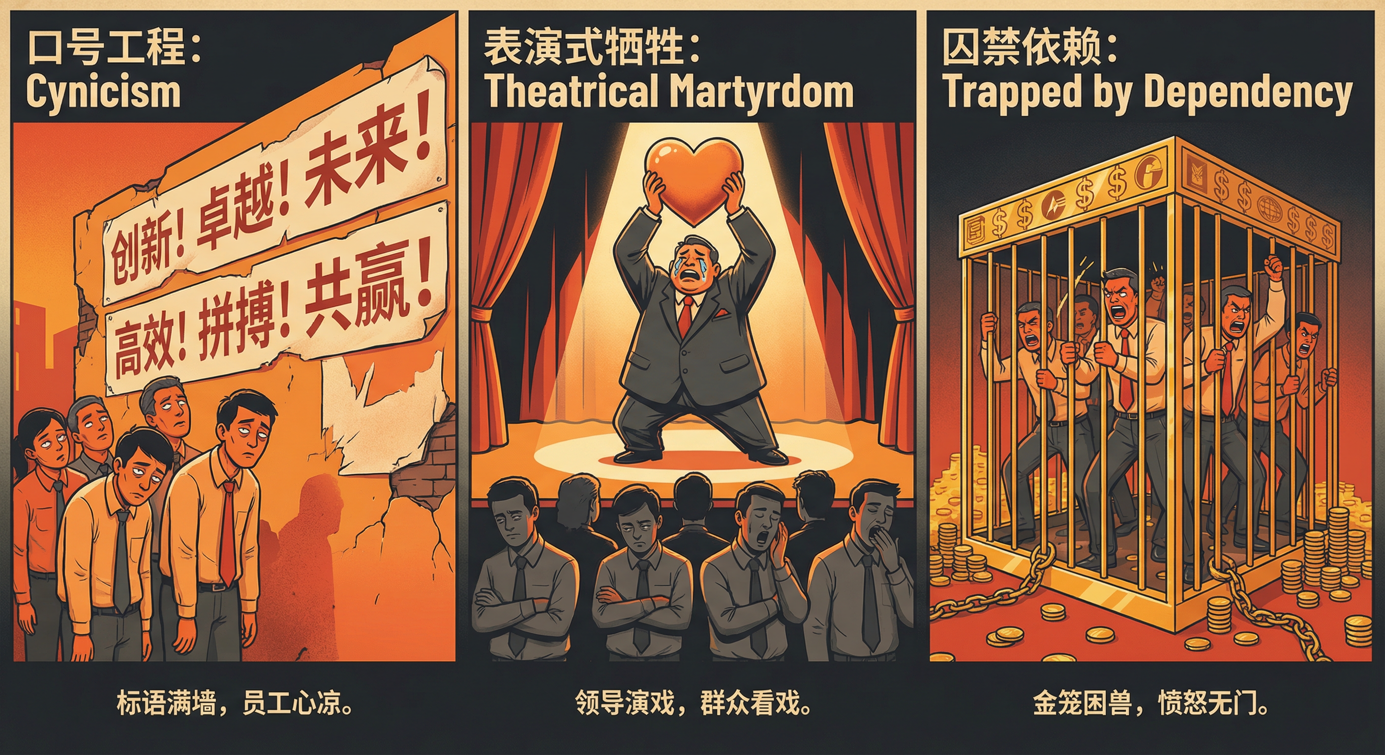 管理失败的三幅漫画:口号贴满墙而员工失望,领导表演牺牲而观众冷淡,金钱形成牢笼令员工愤怒。