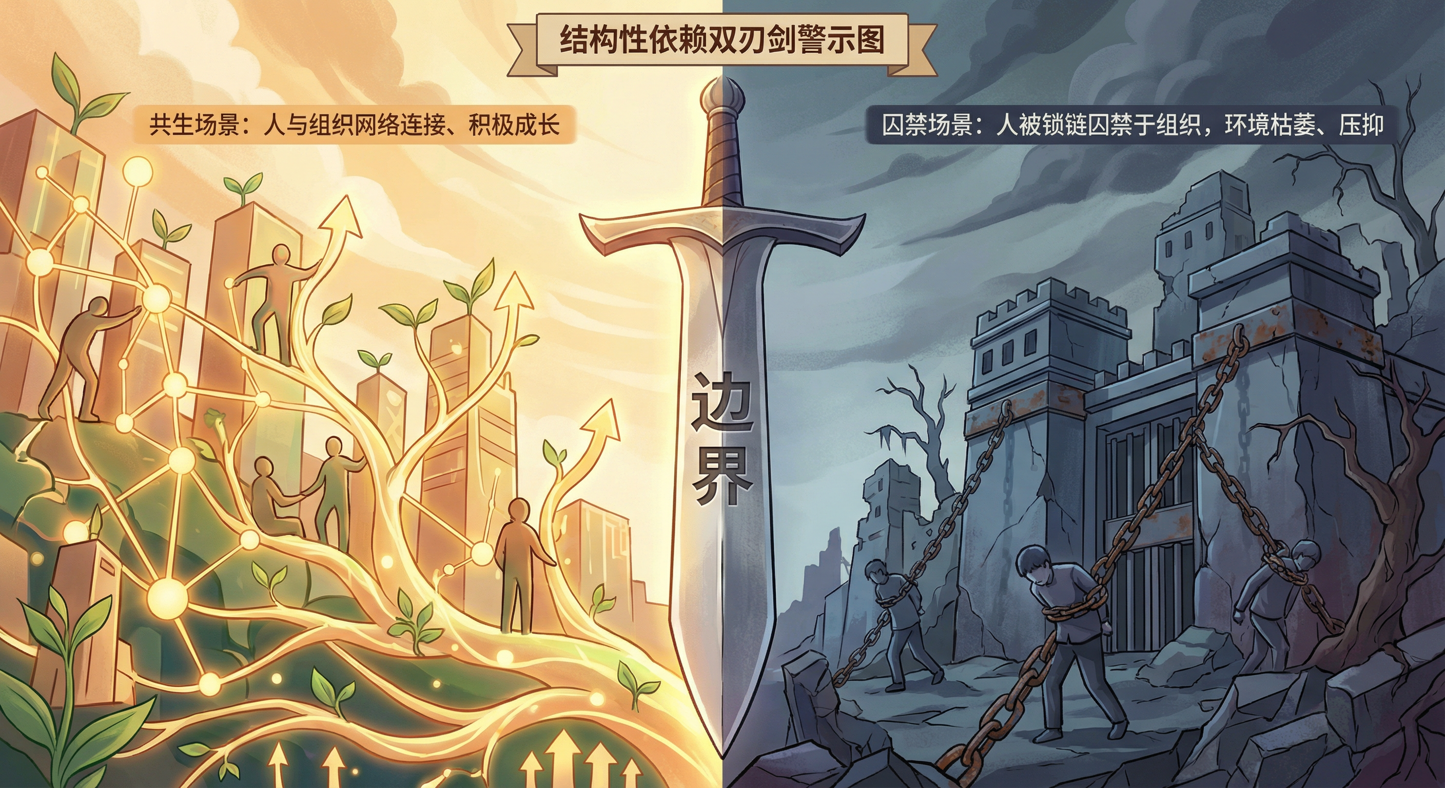 结构性依赖的两面:左侧人物与组织网络相连、共同成长;右侧人物被锁链困在城堡外,象征因恐惧而被迫留下。