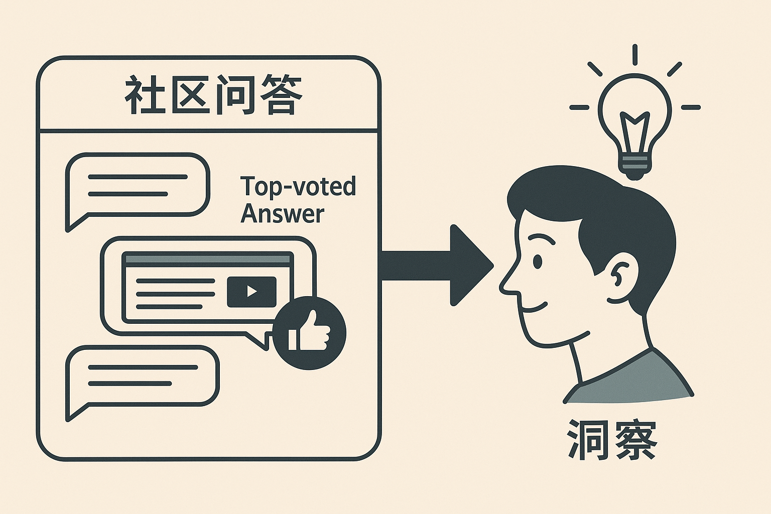 社区问答中的高赞回答指向学习者头顶的灯泡,示意从常见问题中获得洞察。