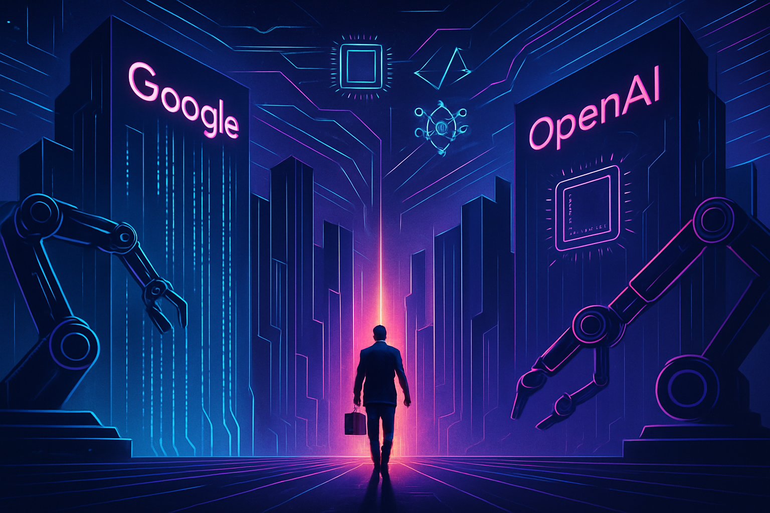 霓虹城市插画:两侧写着 Google 和 OpenAI 的高楼与机械臂夹出一条窄道,中间一个提公文包的人独自向前走