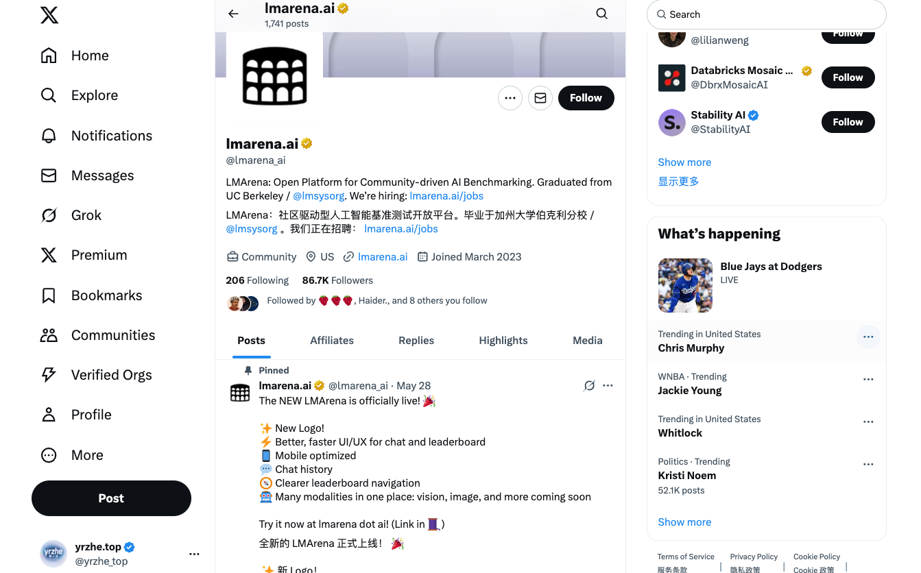 LMArena 的 X 主页将平台介绍为源于 UC Berkeley、由社区驱动的开放 AI 评测平台。